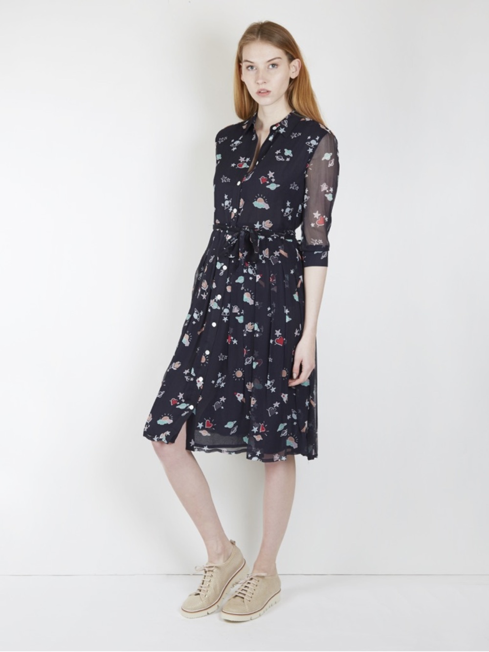 Emporio Armani Navy Space Silk Chiffon Midi Shirt Dress with Tie Waist